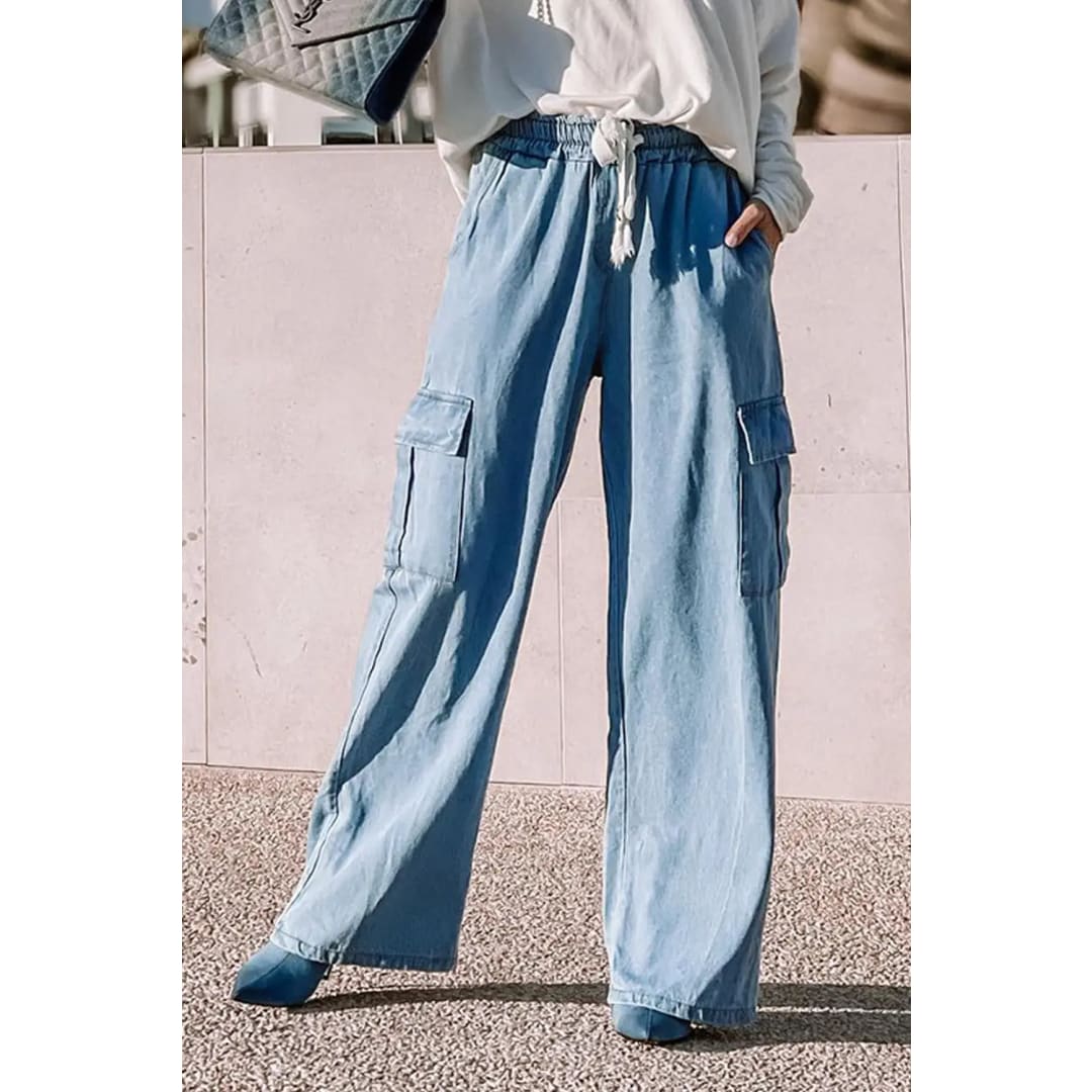 Sky Blue Drawstring High Waist Cargo Pocket Wide Leg Jeans | Fashionfitz