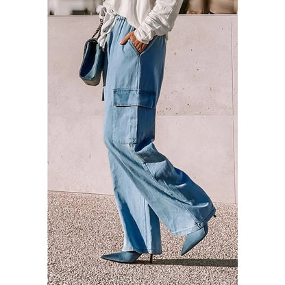 Sky Blue Drawstring High Waist Cargo Pocket Wide Leg Jeans | Fashionfitz
