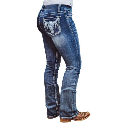 Sky Blue Embroidered Cow Straight Leg Jeans | The Urban Clothing Shop™