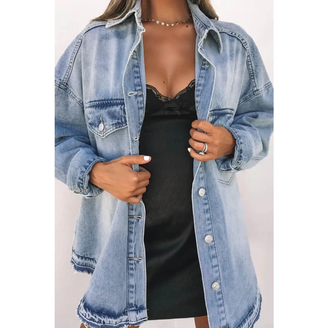 Sky Blue Flap Pocket Buttoned Oversized Denim Jacket | Fashionfitz