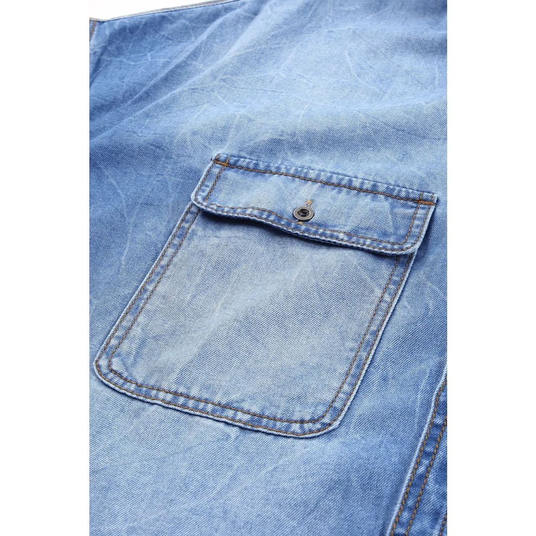 Sky Blue Flap Pockets Raw Hem Denim Shacket | Fashionfitz