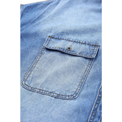 Sky Blue Flap Pockets Raw Hem Denim Shacket | Fashionfitz