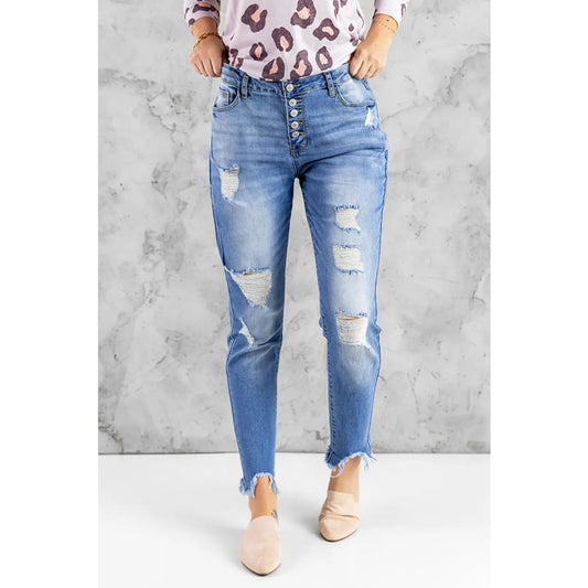 Sky Blue High Rise Button Front Frayed Ankle Skinny Jeans | Fashionfitz