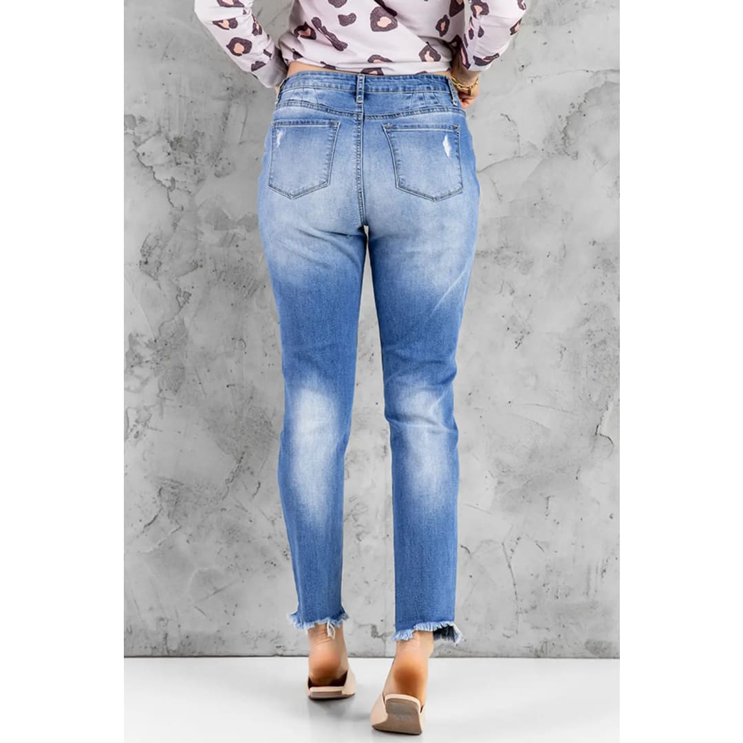 Sky Blue High Rise Button Front Frayed Ankle Skinny Jeans | Fashionfitz