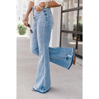 Sky Blue High Waist Buttoned Distressed Flared Jeans | Fashionfitz