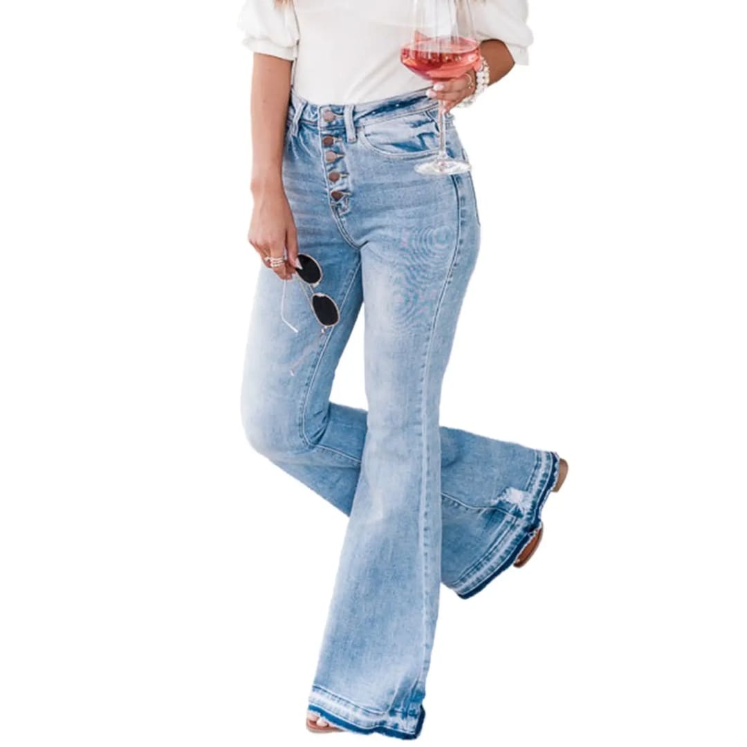 Sky Blue High Waist Buttoned Distressed Flared Jeans | Fashionfitz
