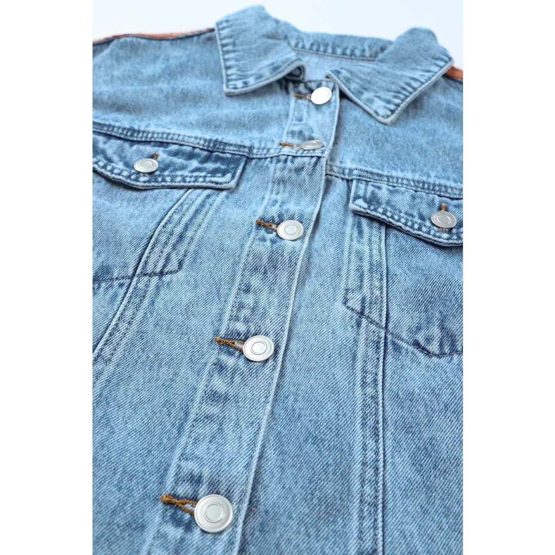 Sky Blue Medium Wash Plaid Sleeves Denim Jacket | Fashionfitz