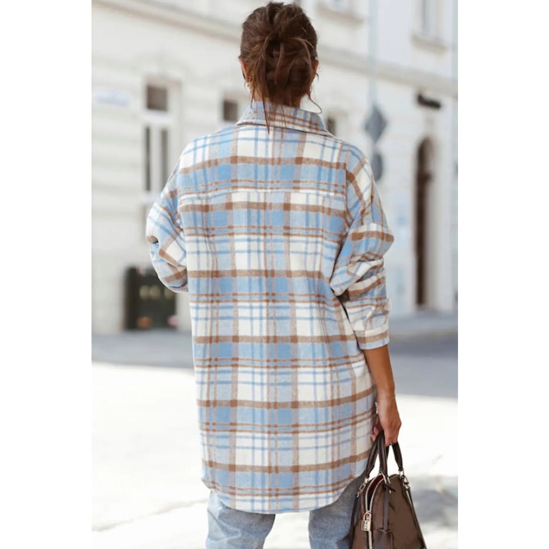 Sky Blue Plaid Flap Pocket Long Sleeve Shacket | Fashionfitz