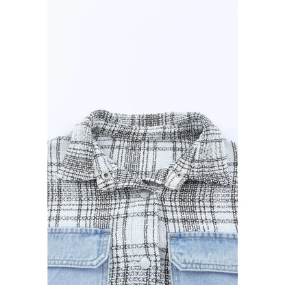 Sky Blue Plaid Patchwork Fringed Flap Pockets Denim Jacket | Fashionfitz