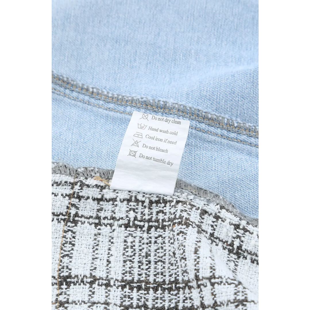 Sky Blue Plaid Patchwork Fringed Flap Pockets Denim Jacket | Fashionfitz