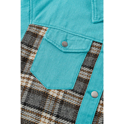 Sky Blue Plaid Patchwork Pockets Denim Jacket | DropshipClothes