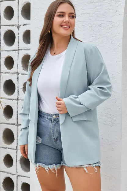 Sky Blue Plus Size Soft Lightweight Pocketed Lapel Blazer-2