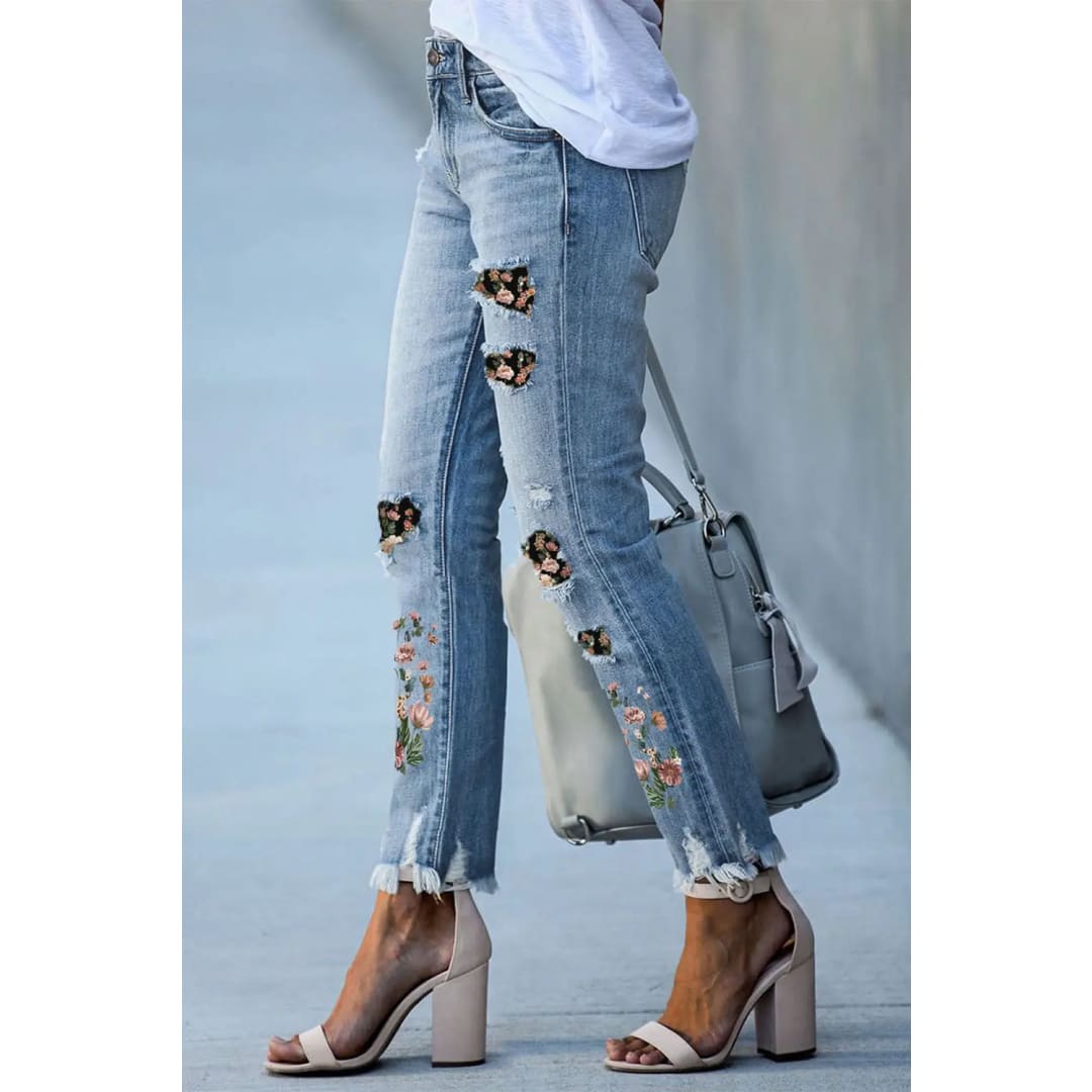 Sky Blue Printed Patch Ripped Skinny Jeans | Fashionfitz