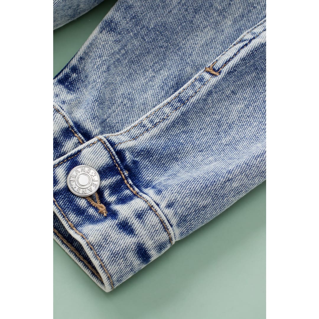 Sky Blue Rhinestone Fringed Pocket Buttoned Hooded Denim Jacket | DropshipClothes