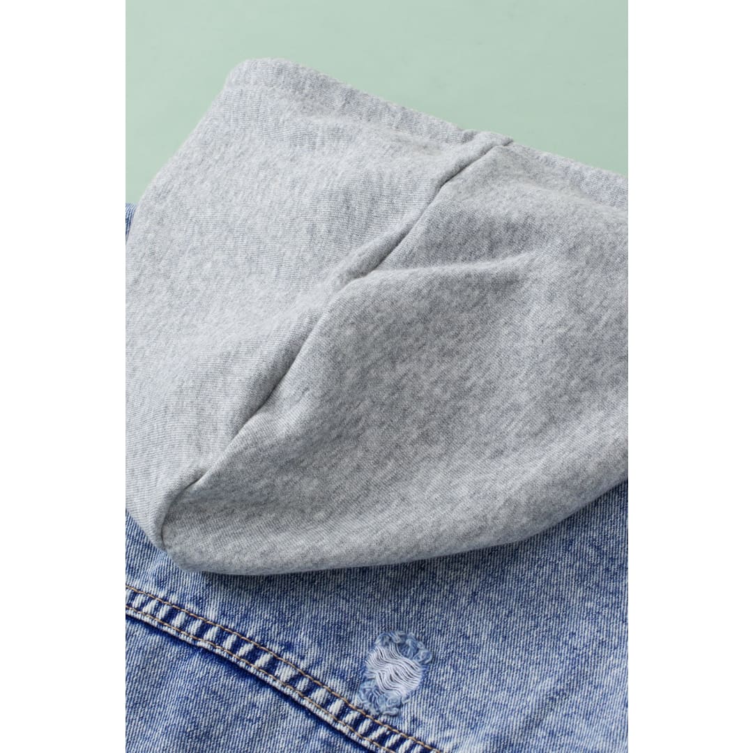 Sky Blue Rhinestone Fringed Pocket Buttoned Hooded Denim Jacket | DropshipClothes