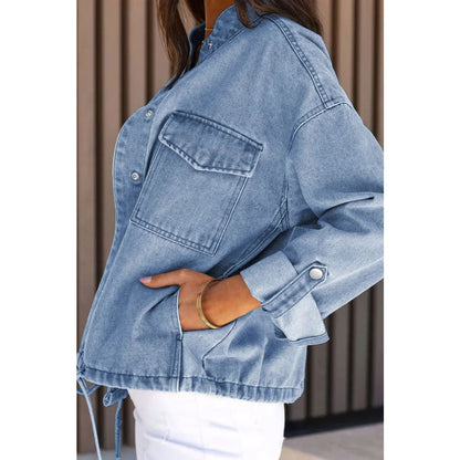 Sky Blue Roll-Up Tab Sleeve Button Down Pocket Denim Jacket | Fashionfitz