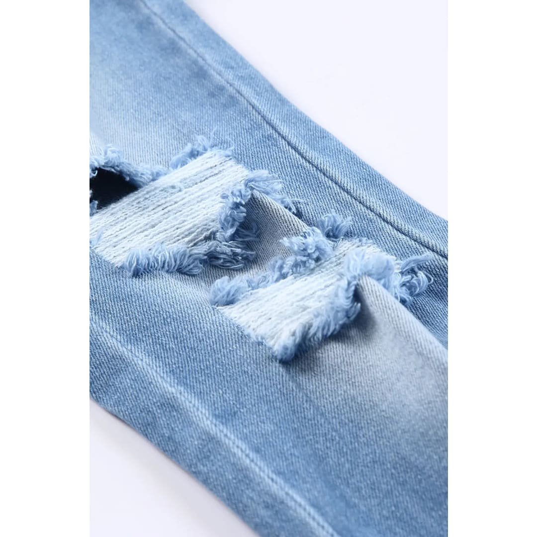 Sky Blue Side Splits Ripped Straight Leg High Waist Jeans | Fashionfitz