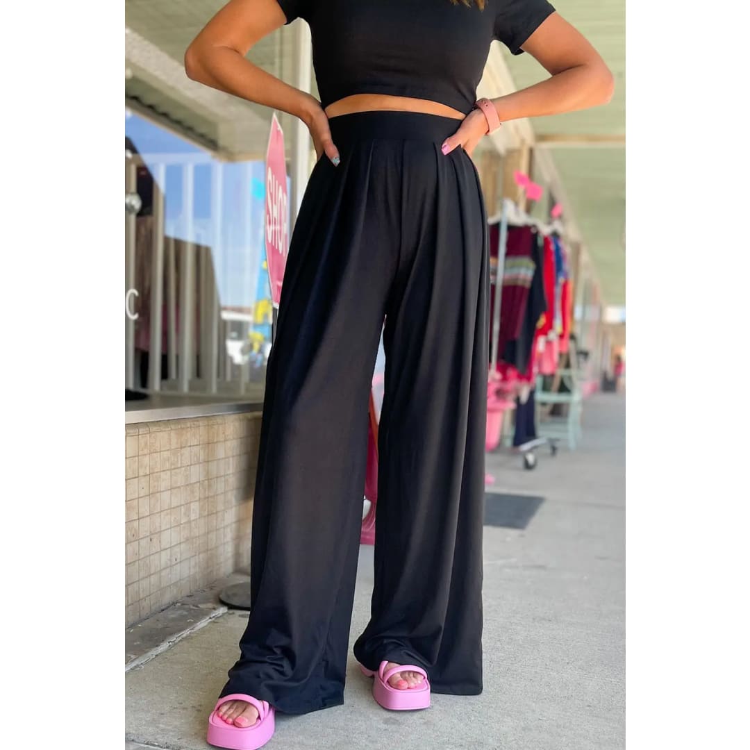 Slim Fit Crop Top and Pleated Wide Leg Pants Set | Fashionfitz
