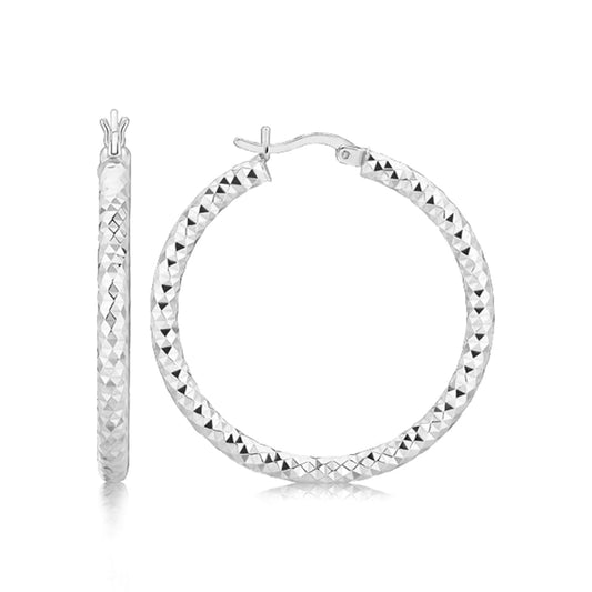 Sterling Silver Faceted Motif Large Hoop Earrings with Rhodium Plating | Richard Cannon