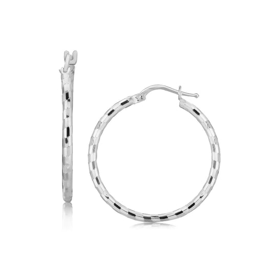Sterling Silver Hoop Design Diamond Cut Earrings with Rhodium Plating (26mm) | Richard