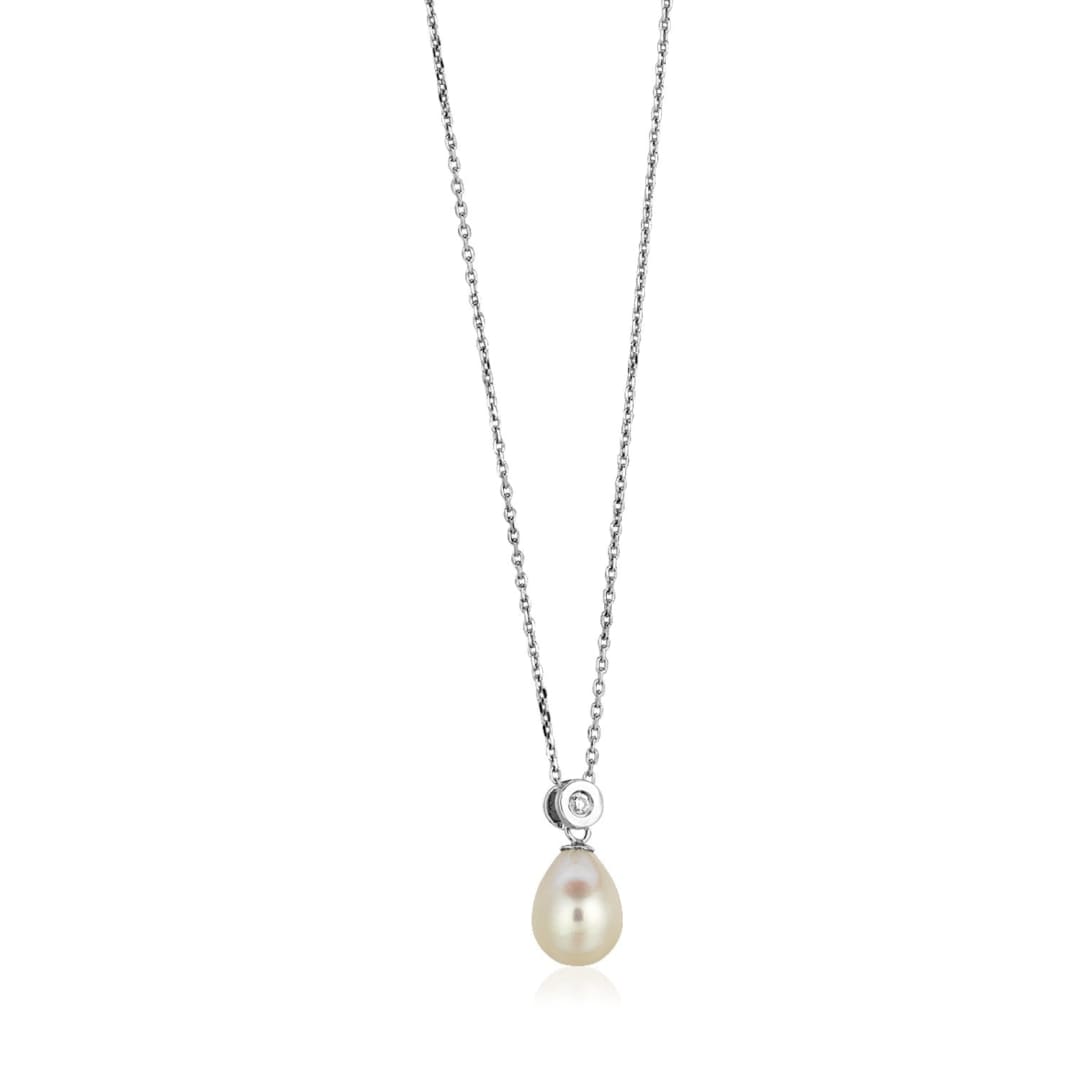 Sterling Silver Necklace with Pear Shaped Pearl and Cubic Zirconias | Richard Cannon