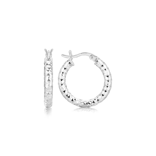 Sterling Silver Polished Rhodium Plated Faceted Hoop Style Earrings | Richard Cannon