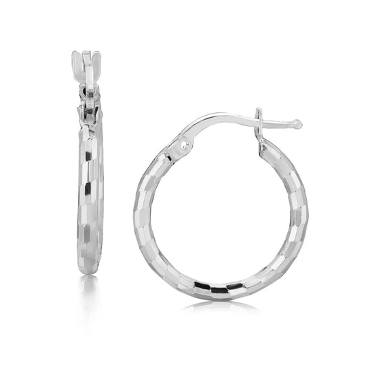 Sterling Silver Rhodium Plated Diamond Cut Small Hoop Earrings (2x15mm) | Richard Cannon