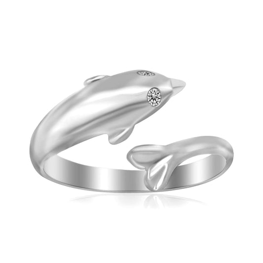 Sterling Silver Rhodium Plated Dolphin Design Polished Open Toe Ring | Richard Cannon