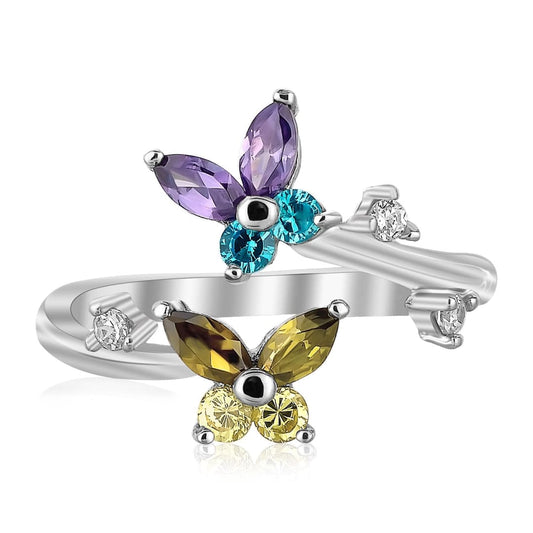 Sterling Silver Rhodium Plated Floral Toe Ring with Multi-Tone Cubic Zirconia | Richard