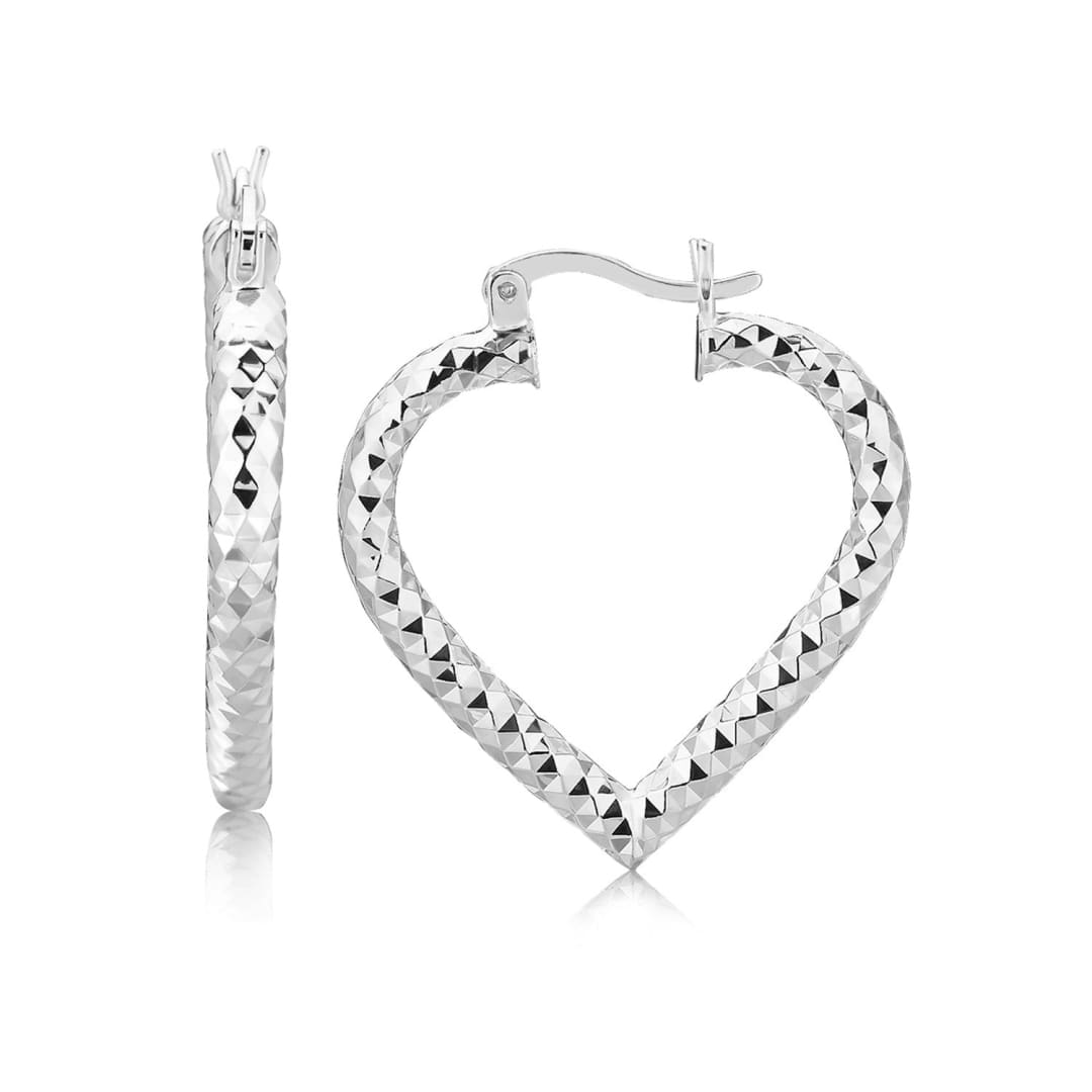 Sterling Silver Rhodium Plated Heart Style Hoop Diamond Cut Earrings | Richard Cannon