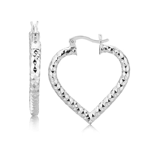 Sterling Silver Rhodium Plated Heart Style Hoop Diamond Cut Earrings | Richard Cannon