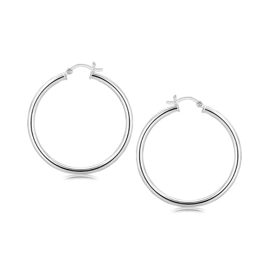 Sterling Silver Rhodium Plated Large Polished Classic Hoop Earrings (40mm) | Richard