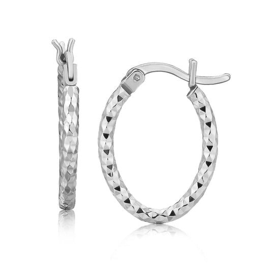 Sterling Silver Rhodium Plated Small Oval Hoop Diamond Cut Textured Earrings | Richard