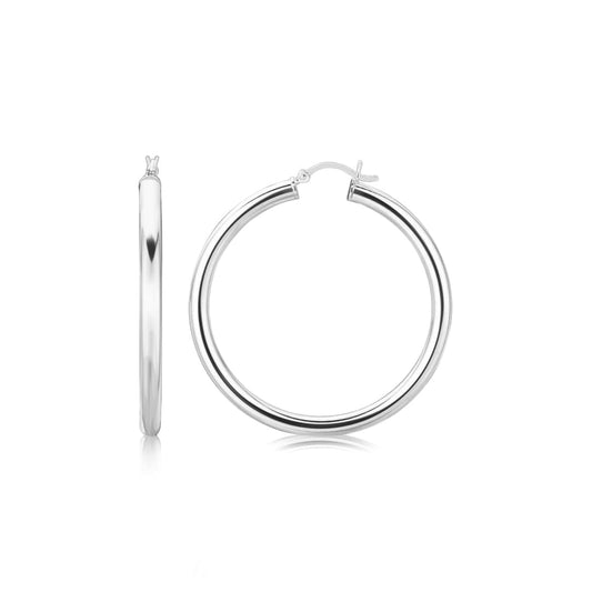 Sterling Silver Rhodium Plated Thick Large Polished Hoop Design Earrings (40mm) | Richard