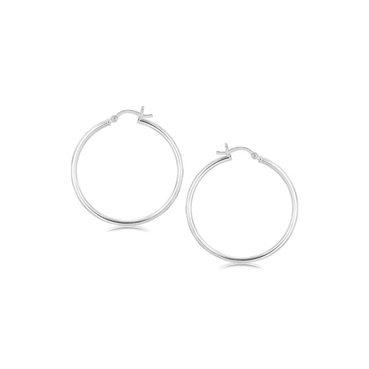 Sterling Silver Rhodium Plated Thin and Polished Hoop Style Earrings (35mm) | Richard