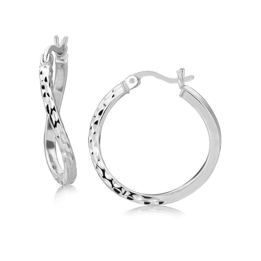 Sterling Silver Rhodium Plated Twist Style Hoop Diamond Cut Earrings (20mm) | Richard