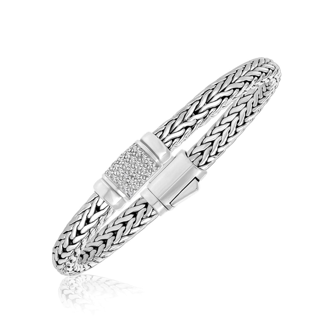 Sterling Silver Weave Motif Bracelet with White Sapphire Accents | Richard Cannon Jewelry