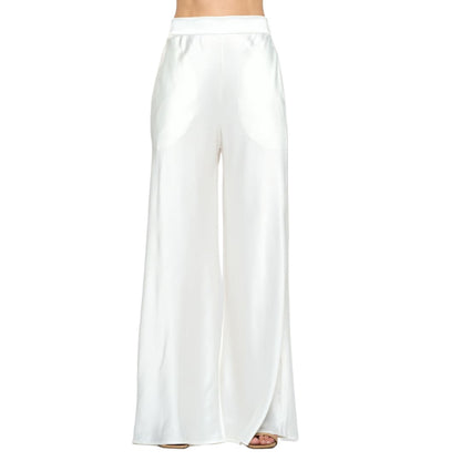 White Stretch Satin Pants w/ Elastic Waist and Pockets | The Urban Clothing Shop™
