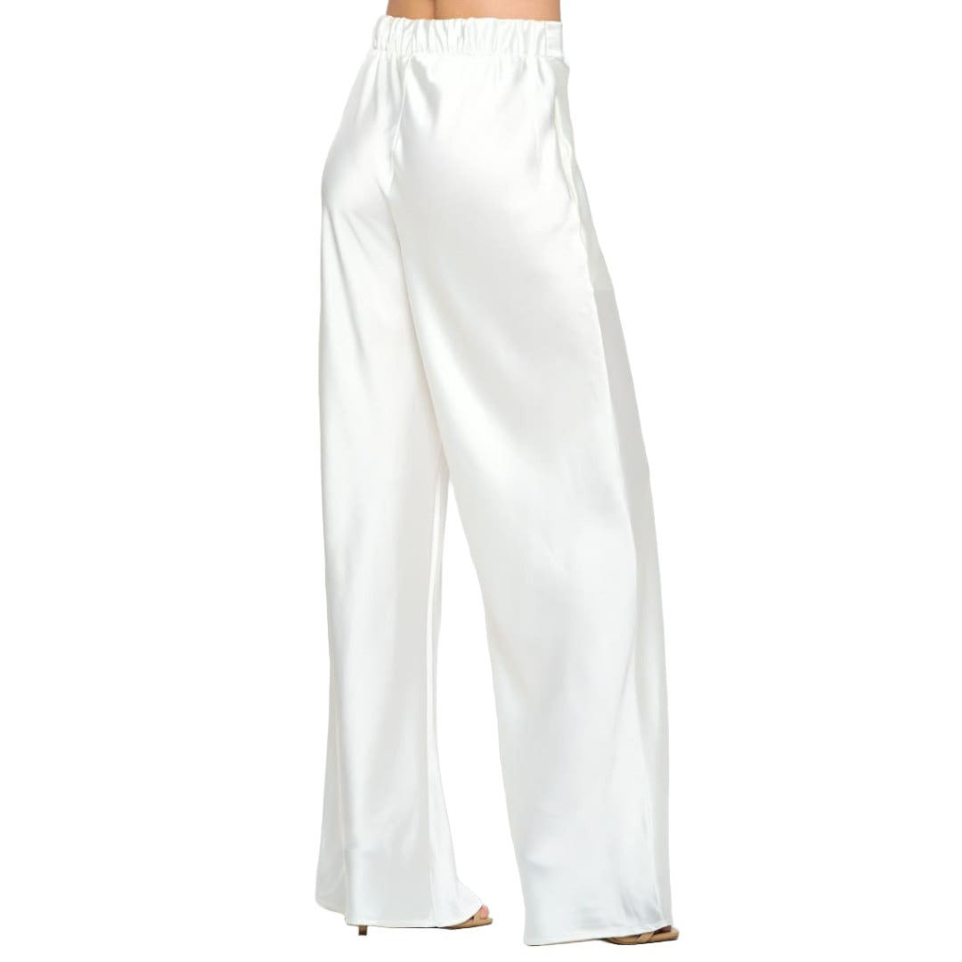 White Stretch Satin Pants w/ Elastic Waist and Pockets | The Urban Clothing Shop™