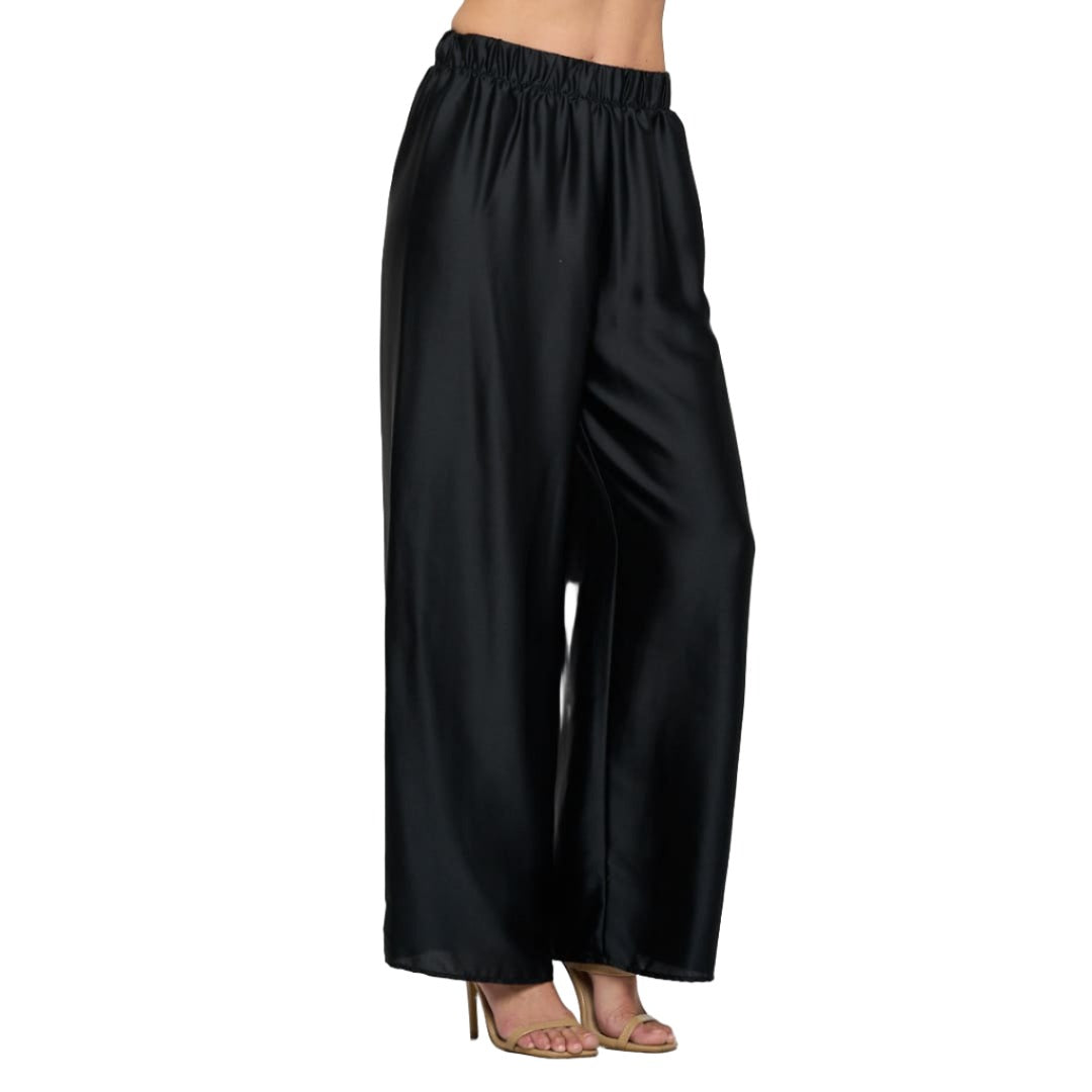 Black Stretch Satin Pants w/ Elastic Waist | The Urban Clothing Shop™