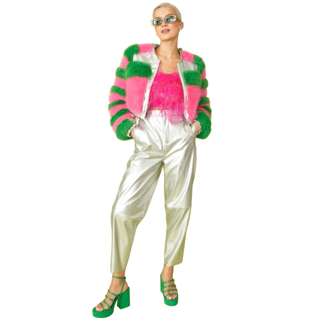 Striped Pink Faux Fur Cropped Jacket | Buy Me Fur Ltd