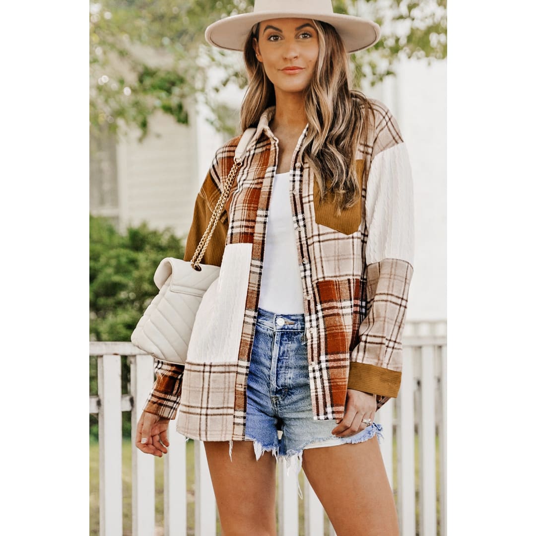 Sutton Plaid Color Block Patchwork Shirt Jacket with Pocket | Threaded Pear