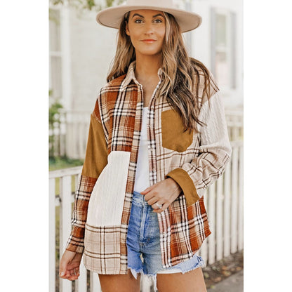 Sutton Plaid Color Block Patchwork Shirt Jacket with Pocket | Threaded Pear