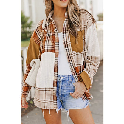 Sutton Plaid Color Block Patchwork Shirt Jacket with Pocket | Threaded Pear