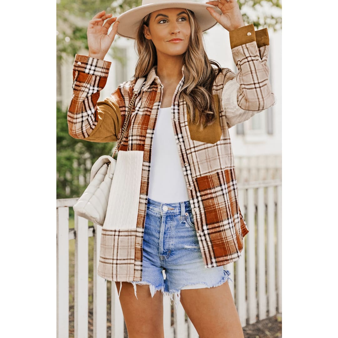 Sutton Plaid Color Block Patchwork Shirt Jacket with Pocket | Threaded Pear