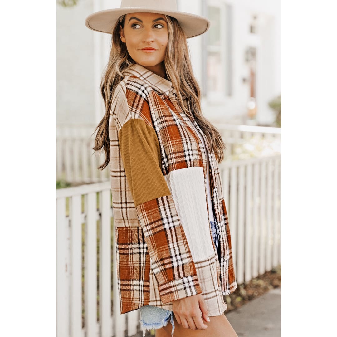 Sutton Plaid Color Block Patchwork Shirt Jacket with Pocket | Threaded Pear