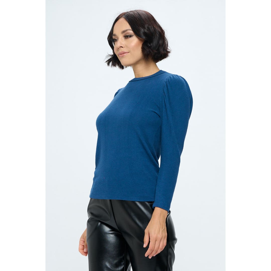 Teal Brushed Knit Top with Puff Sleeve | The Urban Clothing Shop™