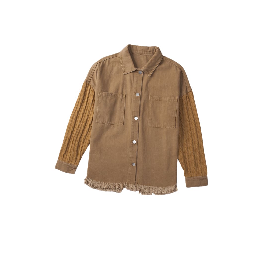 Textured Knit Sleeves Patchwork Raw Hem Denim Jacket | DropshipClothes