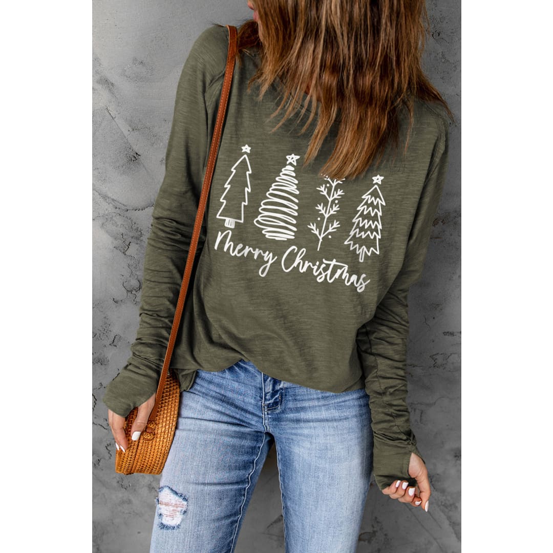 Thea Merry Christmas Trees Thumbhole Sleeve Graphic Tee | Threaded Pear