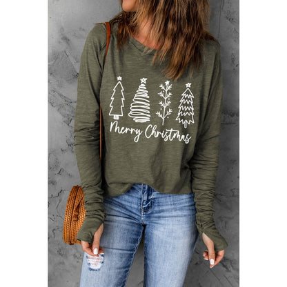 Thea Merry Christmas Trees Thumbhole Sleeve Graphic Tee | Threaded Pear